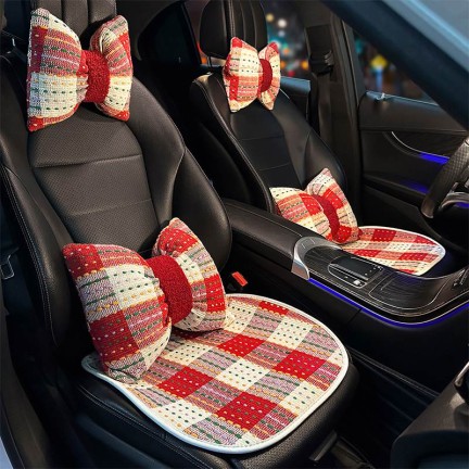 Red Plaid Faux Fur Lumbar Support and Headrest Set