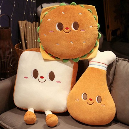 Cartoon Hamburger, Chicken Leg, Toast Plush Cushion Pillow